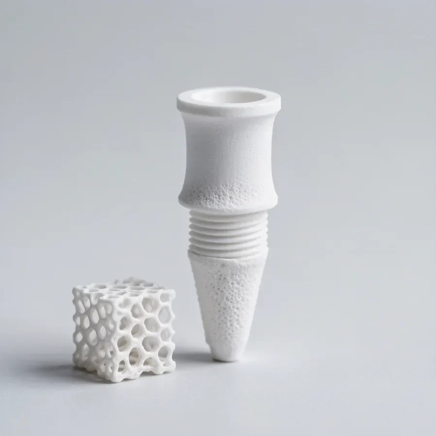 3D printed zirconia dental abutment beside a porous bone scaffold lattice cube