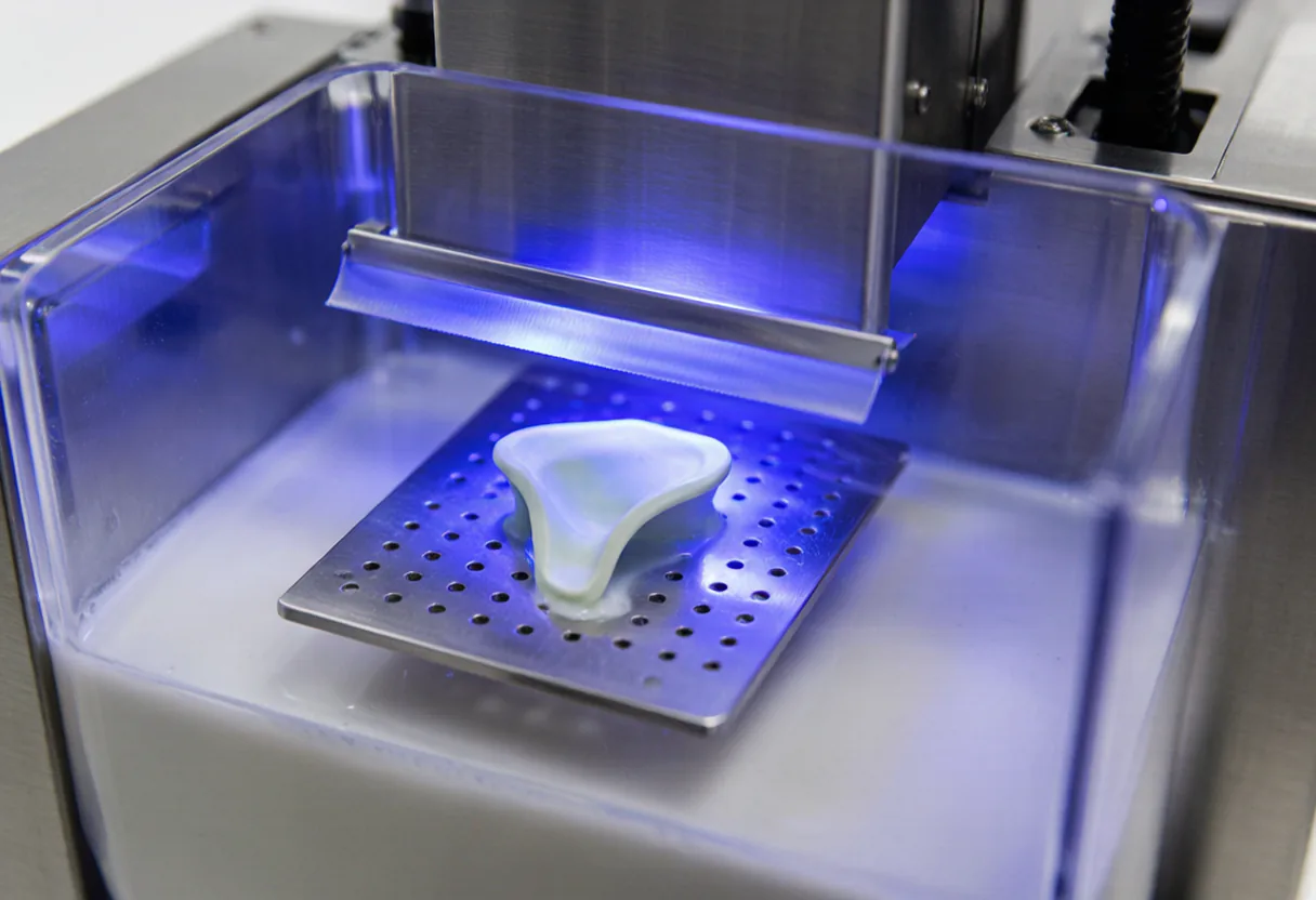 Interior of a lithography based ceramic printer with a white green part being cured through a transparent vat